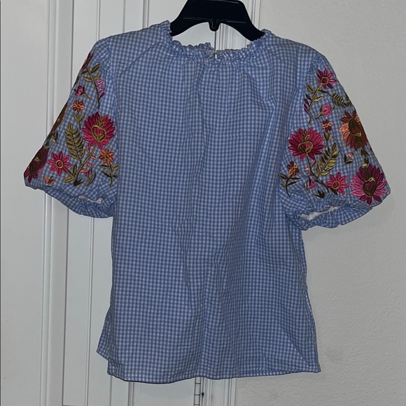 Tops - Boutique Blue Gingham Top with Floral Embroidery